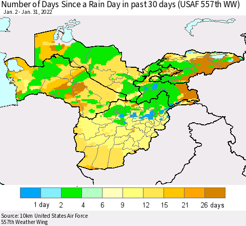 Central Asia Number of Days Since a Rain Day in past 30 days (USAF 557th WW) Thematic Map For 1/26/2022 - 1/31/2022
