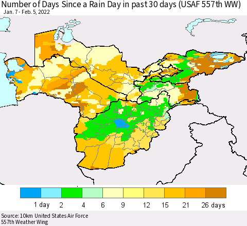 Central Asia Number of Days Since a Rain Day in past 30 days (USAF 557th WW) Thematic Map For 2/1/2022 - 2/5/2022