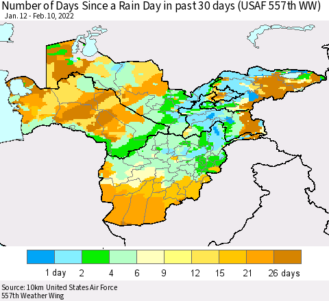 Central Asia Number of Days Since a Rain Day in past 30 days (USAF 557th WW) Thematic Map For 2/6/2022 - 2/10/2022