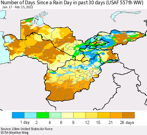 Central Asia Number of Days Since a Rain Day in past 30 days (USAF 557th WW) Thematic Map For 2/11/2022 - 2/15/2022
