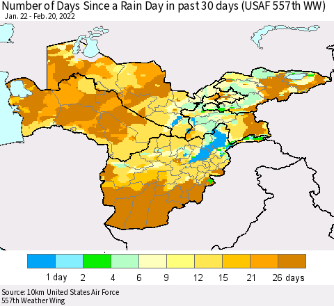 Central Asia Number of Days Since a Rain Day in past 30 days (USAF 557th WW) Thematic Map For 2/16/2022 - 2/20/2022