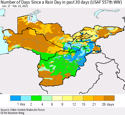 Central Asia Number of Days Since a Rain Day in past 30 days (USAF 557th WW) Thematic Map For 2/21/2022 - 2/25/2022