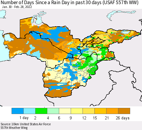 Central Asia Number of Days Since a Rain Day in past 30 days (USAF 557th WW) Thematic Map For 2/26/2022 - 2/28/2022