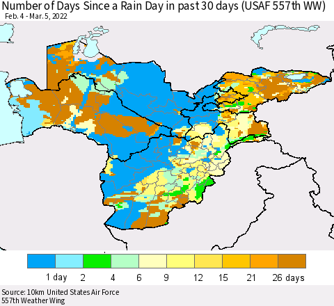 Central Asia Number of Days Since a Rain Day in past 30 days (USAF 557th WW) Thematic Map For 3/1/2022 - 3/5/2022