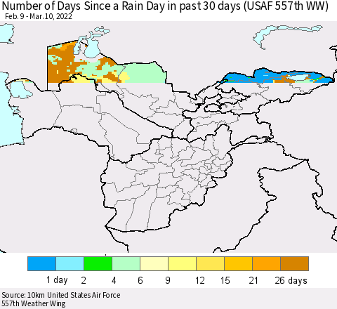 Central Asia Number of Days Since a Rain Day in past 30 days (USAF 557th WW) Thematic Map For 3/6/2022 - 3/10/2022