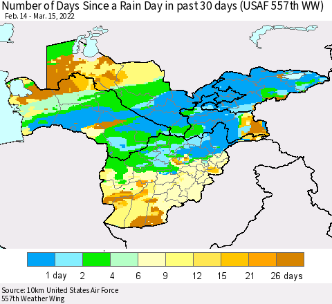 Central Asia Number of Days Since a Rain Day in past 30 days (USAF 557th WW) Thematic Map For 3/11/2022 - 3/15/2022