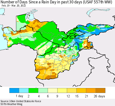 Central Asia Number of Days Since a Rain Day in past 30 days (USAF 557th WW) Thematic Map For 3/16/2022 - 3/20/2022