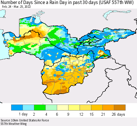 Central Asia Number of Days Since a Rain Day in past 30 days (USAF 557th WW) Thematic Map For 3/21/2022 - 3/25/2022
