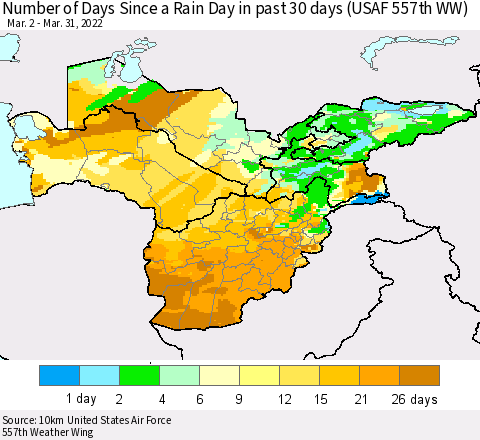 Central Asia Number of Days Since a Rain Day in past 30 days (USAF 557th WW) Thematic Map For 3/26/2022 - 3/31/2022