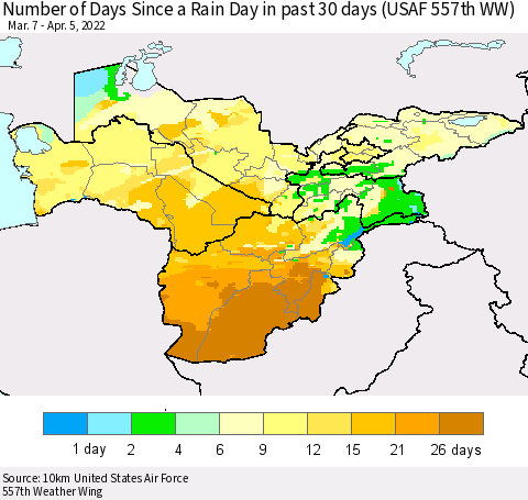 Central Asia Number of Days Since a Rain Day in past 30 days (USAF 557th WW) Thematic Map For 4/1/2022 - 4/5/2022