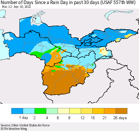 Central Asia Number of Days Since a Rain Day in past 30 days (USAF 557th WW) Thematic Map For 4/6/2022 - 4/10/2022
