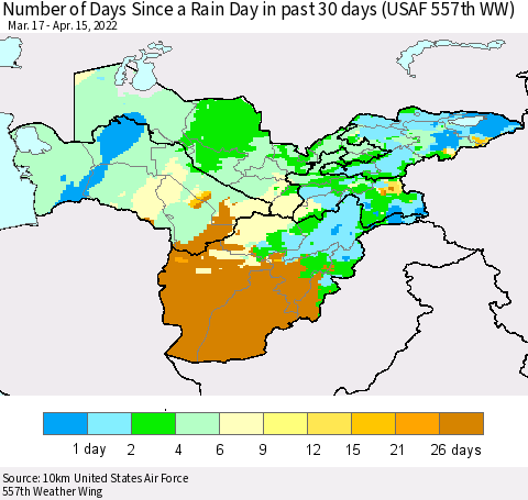 Central Asia Number of Days Since a Rain Day in past 30 days (USAF 557th WW) Thematic Map For 4/11/2022 - 4/15/2022
