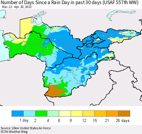 Central Asia Number of Days Since a Rain Day in past 30 days (USAF 557th WW) Thematic Map For 4/16/2022 - 4/20/2022