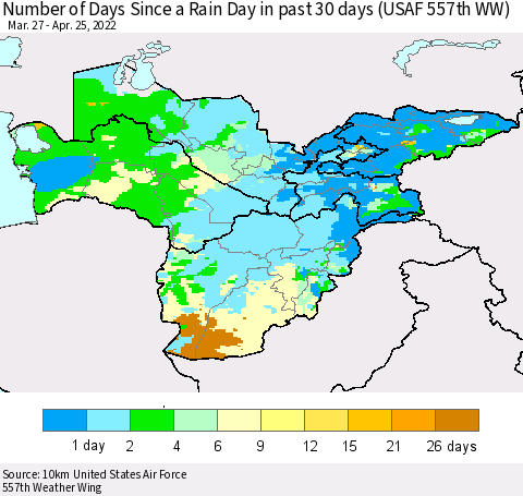 Central Asia Number of Days Since a Rain Day in past 30 days (USAF 557th WW) Thematic Map For 4/21/2022 - 4/25/2022