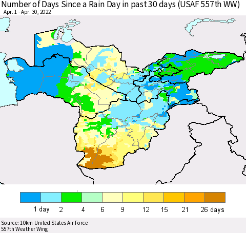 Central Asia Number of Days Since a Rain Day in past 30 days (USAF 557th WW) Thematic Map For 4/26/2022 - 4/30/2022