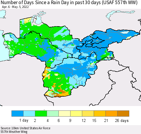 Central Asia Number of Days Since a Rain Day in past 30 days (USAF 557th WW) Thematic Map For 5/1/2022 - 5/5/2022