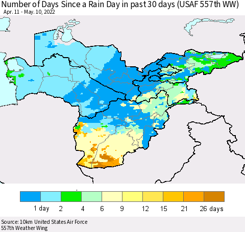 Central Asia Number of Days Since a Rain Day in past 30 days (USAF 557th WW) Thematic Map For 5/6/2022 - 5/10/2022