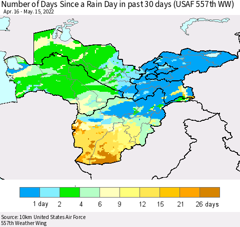 Central Asia Number of Days Since a Rain Day in past 30 days (USAF 557th WW) Thematic Map For 5/11/2022 - 5/15/2022