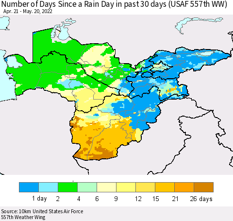 Central Asia Number of Days Since a Rain Day in past 30 days (USAF 557th WW) Thematic Map For 5/16/2022 - 5/20/2022