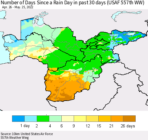 Central Asia Number of Days Since a Rain Day in past 30 days (USAF 557th WW) Thematic Map For 5/21/2022 - 5/25/2022
