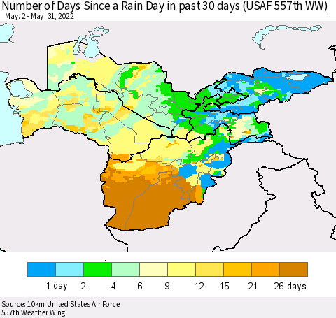 Central Asia Number of Days Since a Rain Day in past 30 days (USAF 557th WW) Thematic Map For 5/26/2022 - 5/31/2022