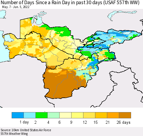 Central Asia Number of Days Since a Rain Day in past 30 days (USAF 557th WW) Thematic Map For 6/1/2022 - 6/5/2022