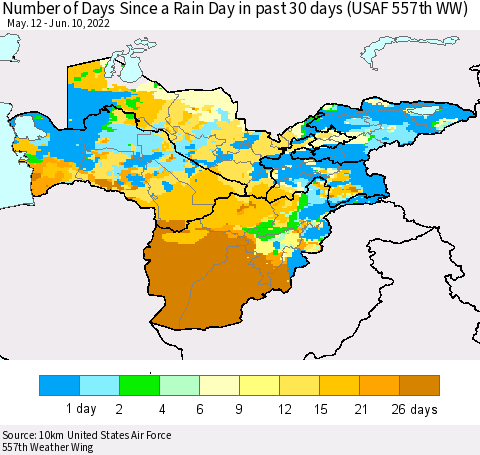 Central Asia Number of Days Since a Rain Day in past 30 days (USAF 557th WW) Thematic Map For 6/6/2022 - 6/10/2022