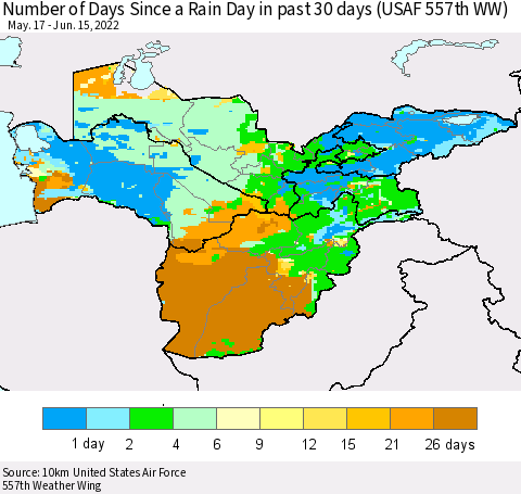 Central Asia Number of Days Since a Rain Day in past 30 days (USAF 557th WW) Thematic Map For 6/11/2022 - 6/15/2022