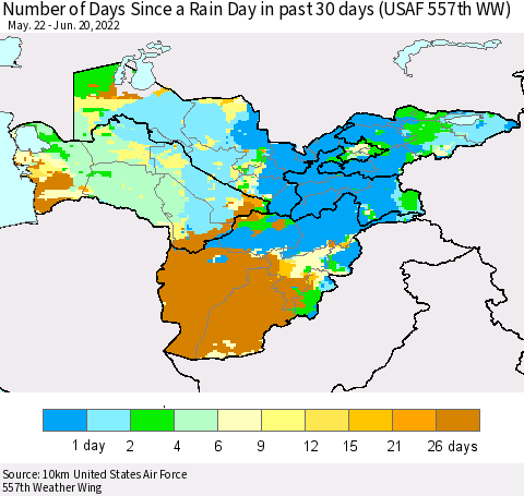 Central Asia Number of Days Since a Rain Day in past 30 days (USAF 557th WW) Thematic Map For 6/16/2022 - 6/20/2022