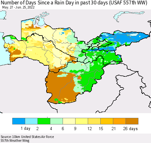 Central Asia Number of Days Since a Rain Day in past 30 days (USAF 557th WW) Thematic Map For 6/21/2022 - 6/25/2022