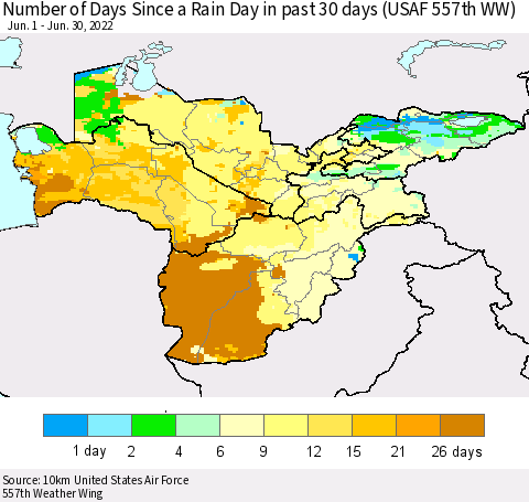 Central Asia Number of Days Since a Rain Day in past 30 days (USAF 557th WW) Thematic Map For 6/26/2022 - 6/30/2022
