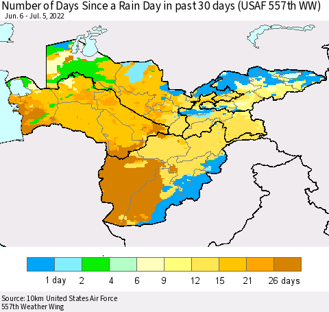 Central Asia Number of Days Since a Rain Day in past 30 days (USAF 557th WW) Thematic Map For 7/1/2022 - 7/5/2022