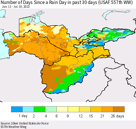 Central Asia Number of Days Since a Rain Day in past 30 days (USAF 557th WW) Thematic Map For 7/6/2022 - 7/10/2022