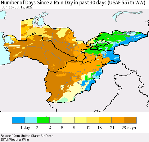 Central Asia Number of Days Since a Rain Day in past 30 days (USAF 557th WW) Thematic Map For 7/11/2022 - 7/15/2022