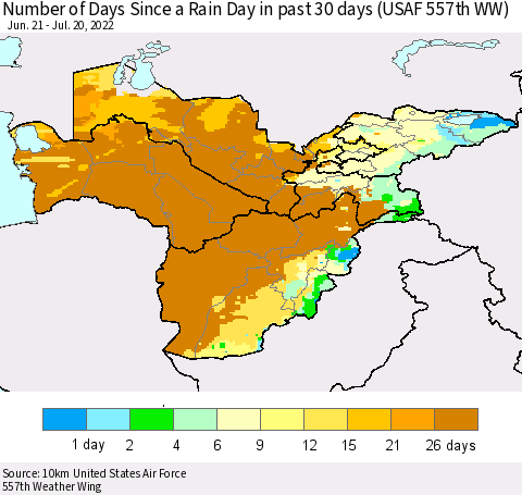 Central Asia Number of Days Since a Rain Day in past 30 days (USAF 557th WW) Thematic Map For 7/16/2022 - 7/20/2022