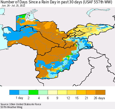 Central Asia Number of Days Since a Rain Day in past 30 days (USAF 557th WW) Thematic Map For 7/21/2022 - 7/25/2022