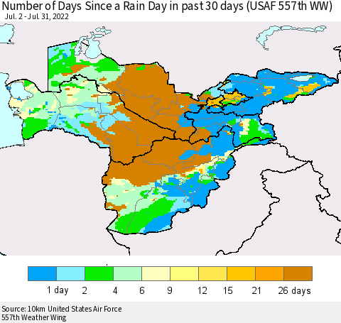 Central Asia Number of Days Since a Rain Day in past 30 days (USAF 557th WW) Thematic Map For 7/26/2022 - 7/31/2022