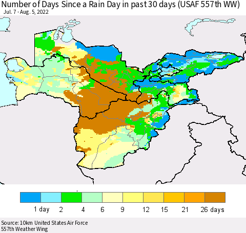 Central Asia Number of Days Since a Rain Day in past 30 days (USAF 557th WW) Thematic Map For 8/1/2022 - 8/5/2022