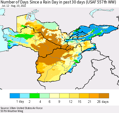 Central Asia Number of Days Since a Rain Day in past 30 days (USAF 557th WW) Thematic Map For 8/6/2022 - 8/10/2022