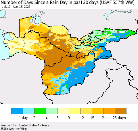 Central Asia Number of Days Since a Rain Day in past 30 days (USAF 557th WW) Thematic Map For 8/11/2022 - 8/15/2022