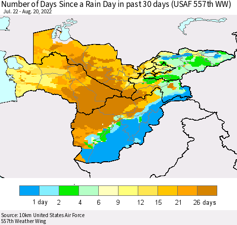 Central Asia Number of Days Since a Rain Day in past 30 days (USAF 557th WW) Thematic Map For 8/16/2022 - 8/20/2022