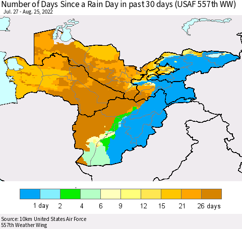 Central Asia Number of Days Since a Rain Day in past 30 days (USAF 557th WW) Thematic Map For 8/21/2022 - 8/25/2022