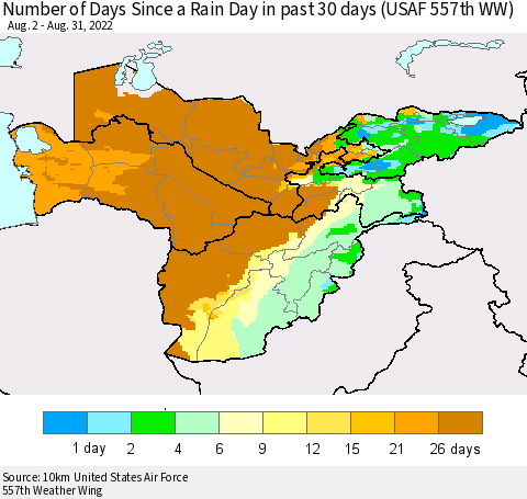 Central Asia Number of Days Since a Rain Day in past 30 days (USAF 557th WW) Thematic Map For 8/26/2022 - 8/31/2022