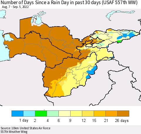 Central Asia Number of Days Since a Rain Day in past 30 days (USAF 557th WW) Thematic Map For 9/1/2022 - 9/5/2022