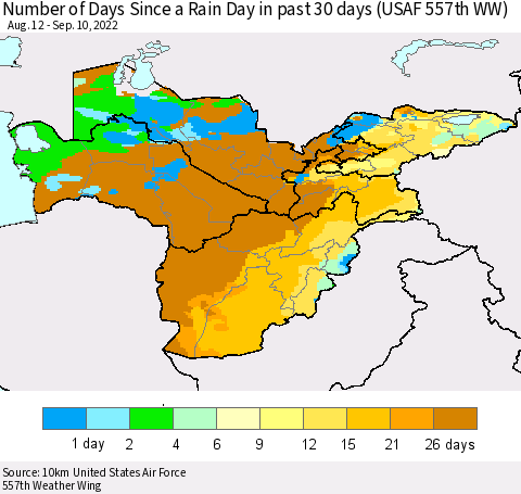 Central Asia Number of Days Since a Rain Day in past 30 days (USAF 557th WW) Thematic Map For 9/6/2022 - 9/10/2022