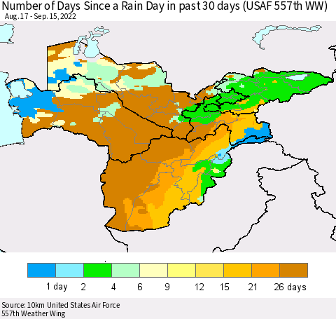 Central Asia Number of Days Since a Rain Day in past 30 days (USAF 557th WW) Thematic Map For 9/11/2022 - 9/15/2022