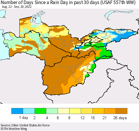 Central Asia Number of Days Since a Rain Day in past 30 days (USAF 557th WW) Thematic Map For 9/16/2022 - 9/20/2022