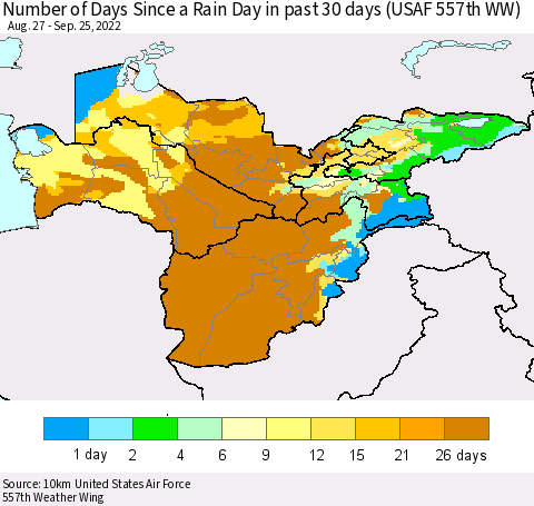 Central Asia Number of Days Since a Rain Day in past 30 days (USAF 557th WW) Thematic Map For 9/21/2022 - 9/25/2022