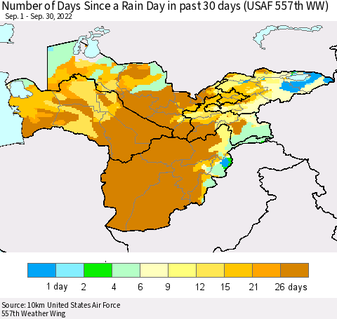 Central Asia Number of Days Since a Rain Day in past 30 days (USAF 557th WW) Thematic Map For 9/26/2022 - 9/30/2022
