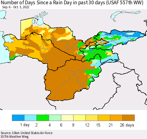 Central Asia Number of Days Since a Rain Day in past 30 days (USAF 557th WW) Thematic Map For 10/1/2022 - 10/5/2022